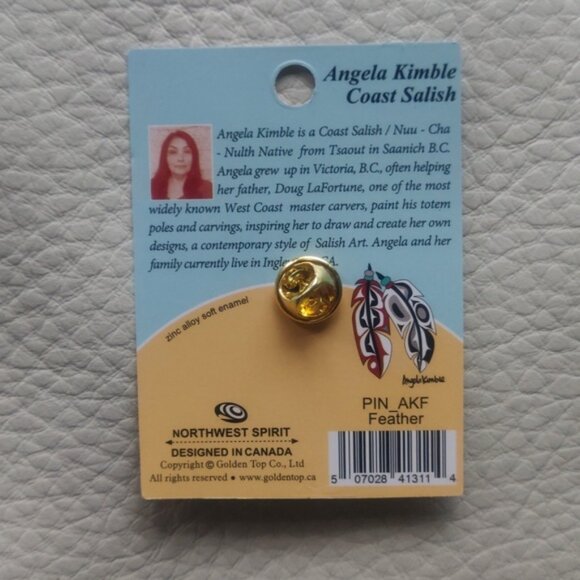 'Feather' Pin Indigenous Design by Angel Kimble, Coast Salish - Picture 2 of 3